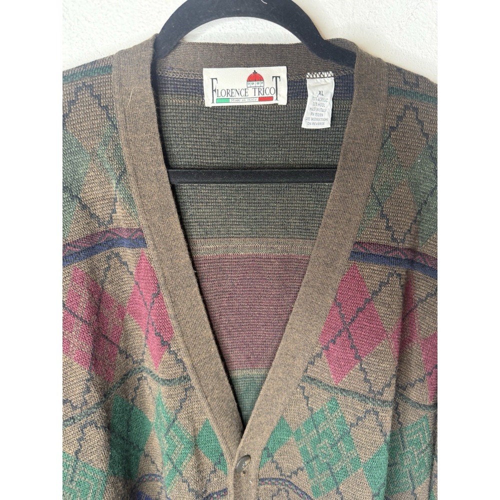 Vtg Florence Tricot Italy Men's Sweater XL Wool Blend Cardigan Argyle Grandpa - Picture 5 of 10